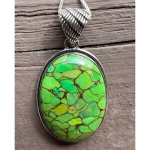 Sterling Silver 925 Green Turquoise Mosaic Pendant Necklace 18” Chain Statement